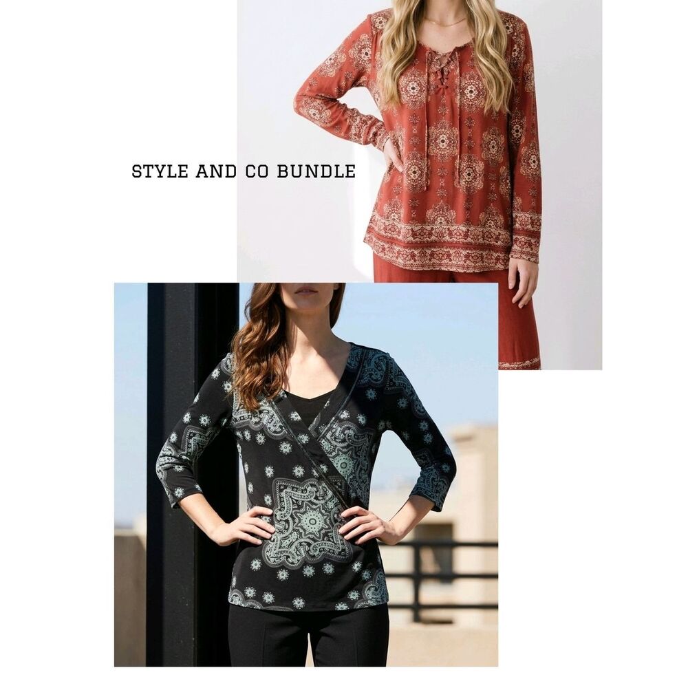 Style & Co. Rust Paisley Long-Sleeve Tunic & Black Teal Paisley Wrap Top